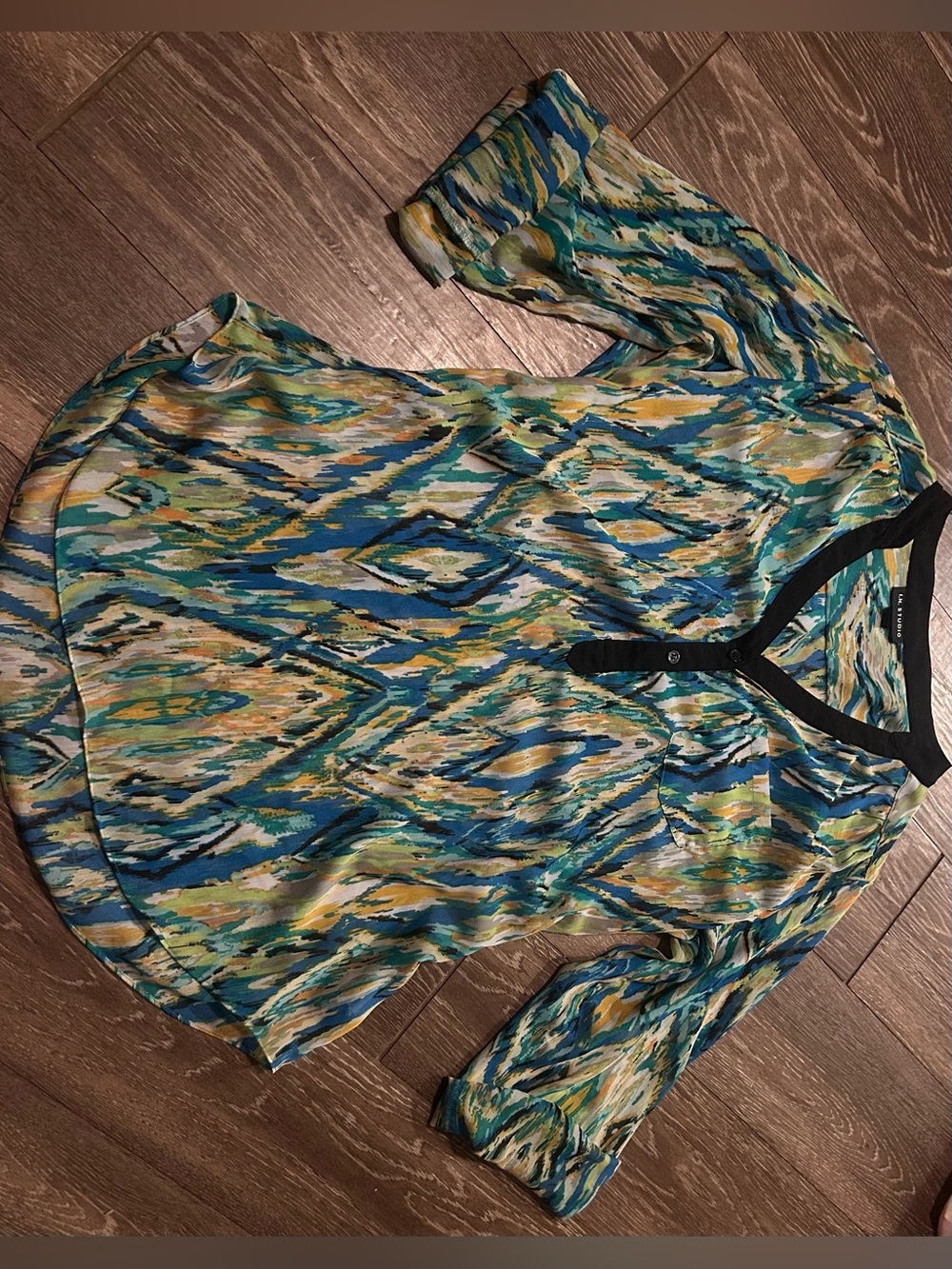 I.N. Studio Teal, Blue & Yellow Printed V-Neck Tunic